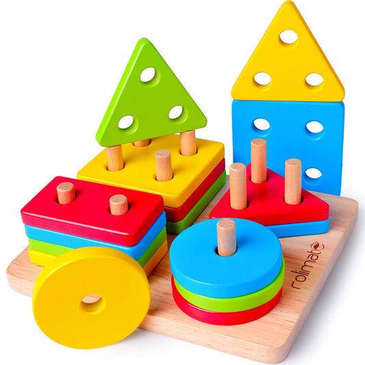 Wooden Montessori Toys for 1 2 3 Year Old Boys Girls- Block Sorting & Stacking Toys for Baby Toddlers, Educational Shape Color Sorter Preschool Kids Gifts